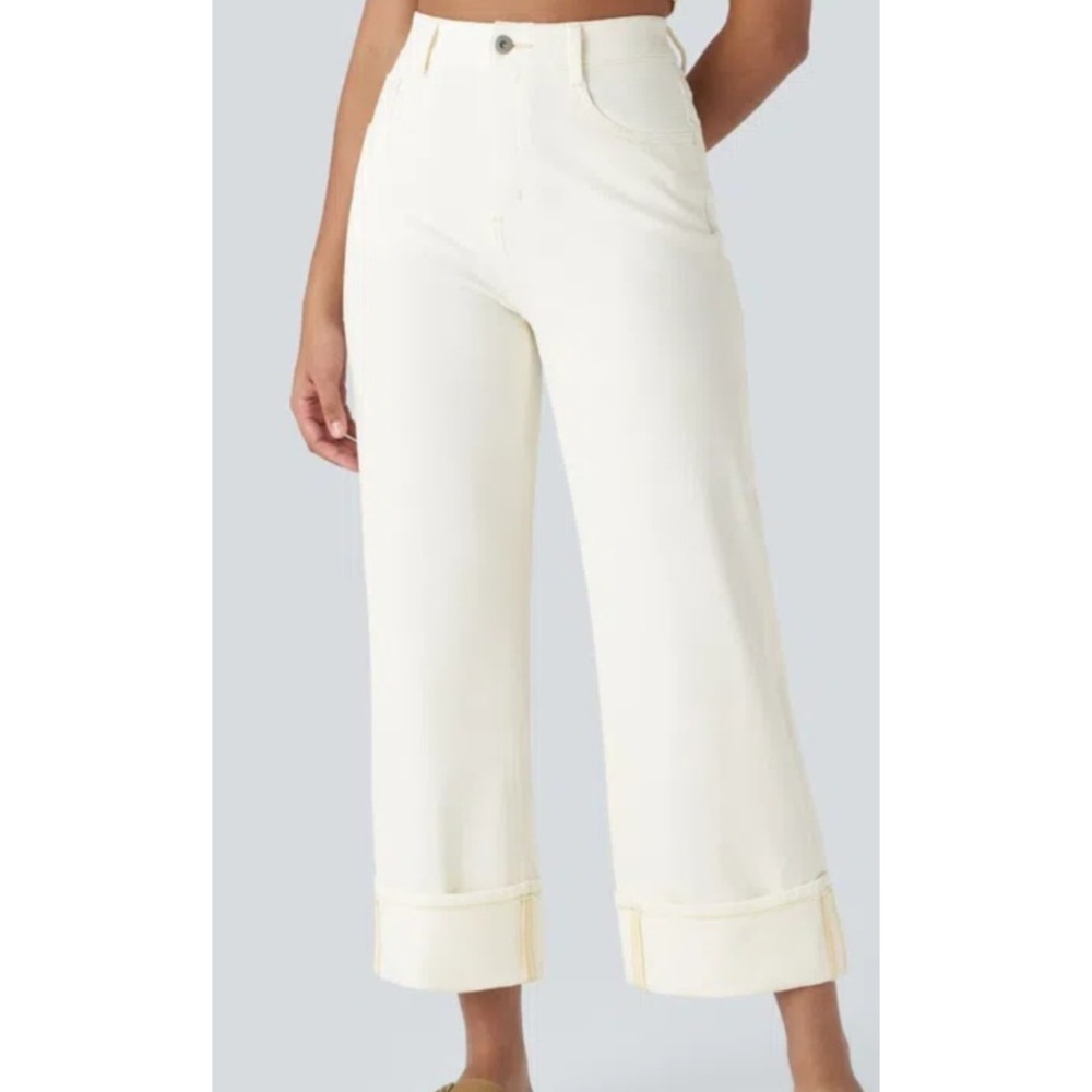 Halara Flex High Waisted Wide Leg Rolled Hem Pants White Size L Regular NWT